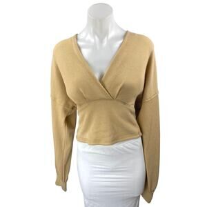 Free People Cream Tan Long Sleeve Faux Wrap V-Neck Crop Sweater Blouse Top Sz L